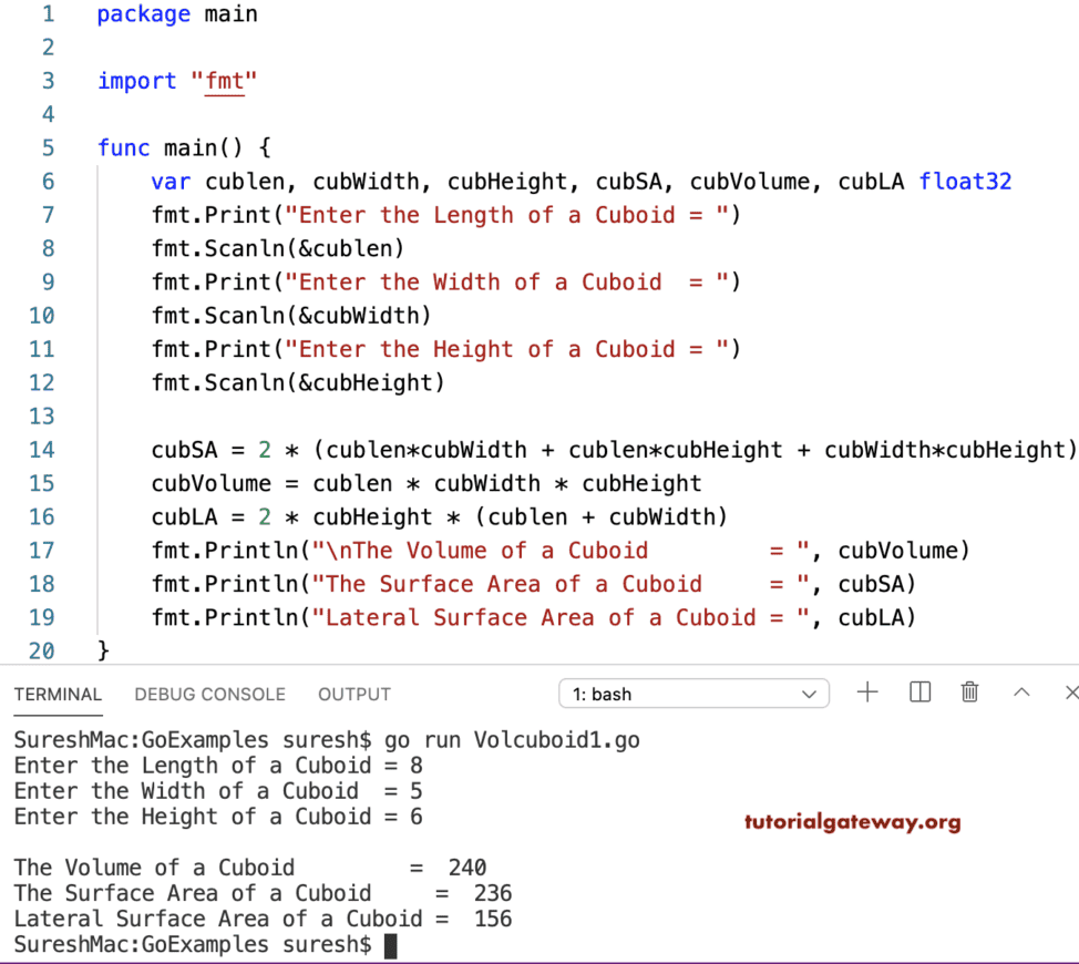 Go program to Find Volume and Surface Area of a Cuboid