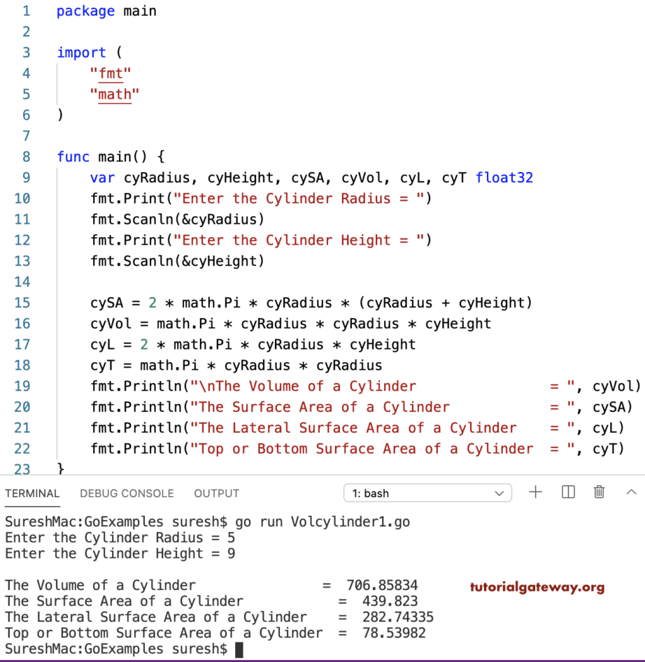Go program to Find Volume and Surface Area of a Cylinder