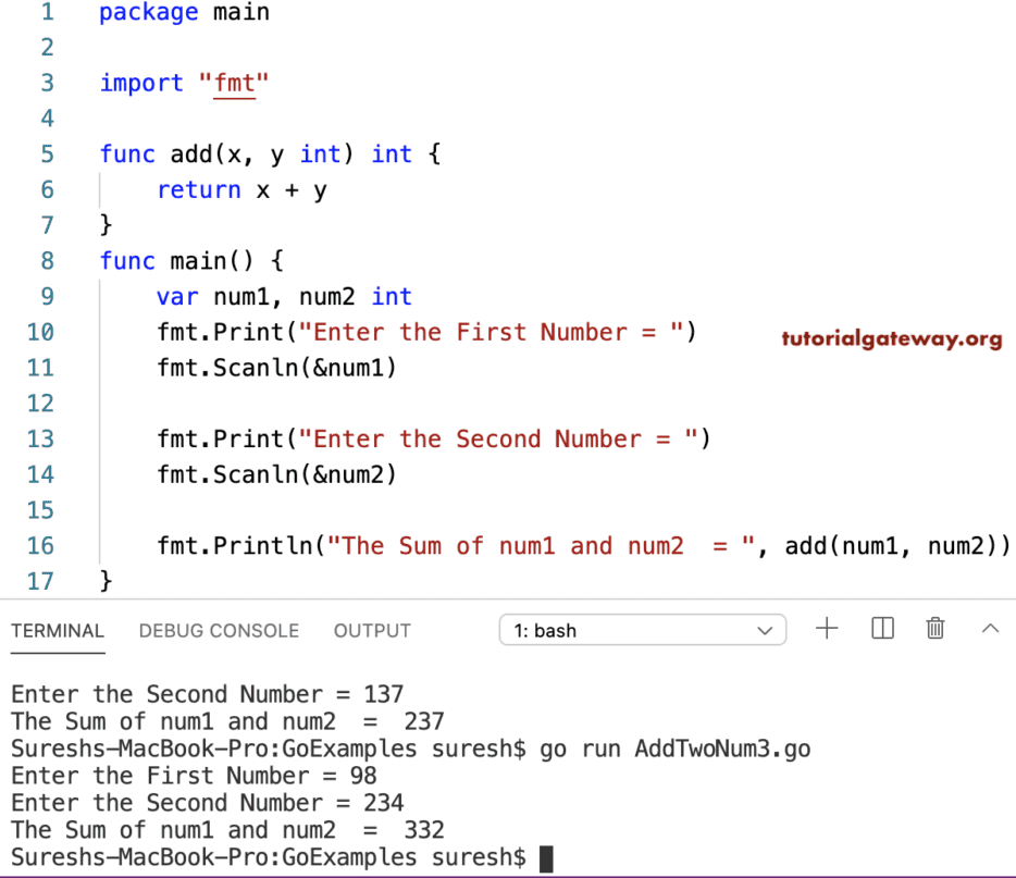 Golang Program to Add Two Numbers
