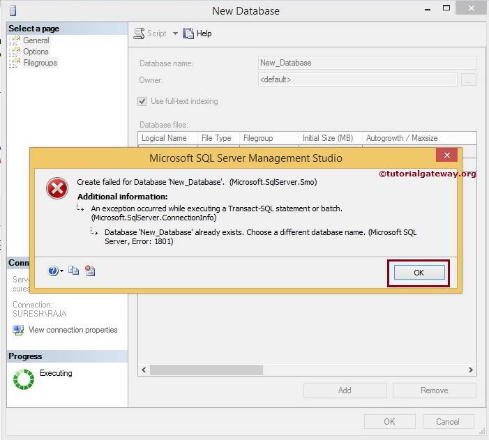 DB Name Already Exists Error 1801