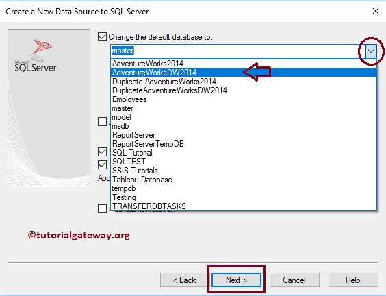 Choosing the Default Database as AdventureWorksDW 6