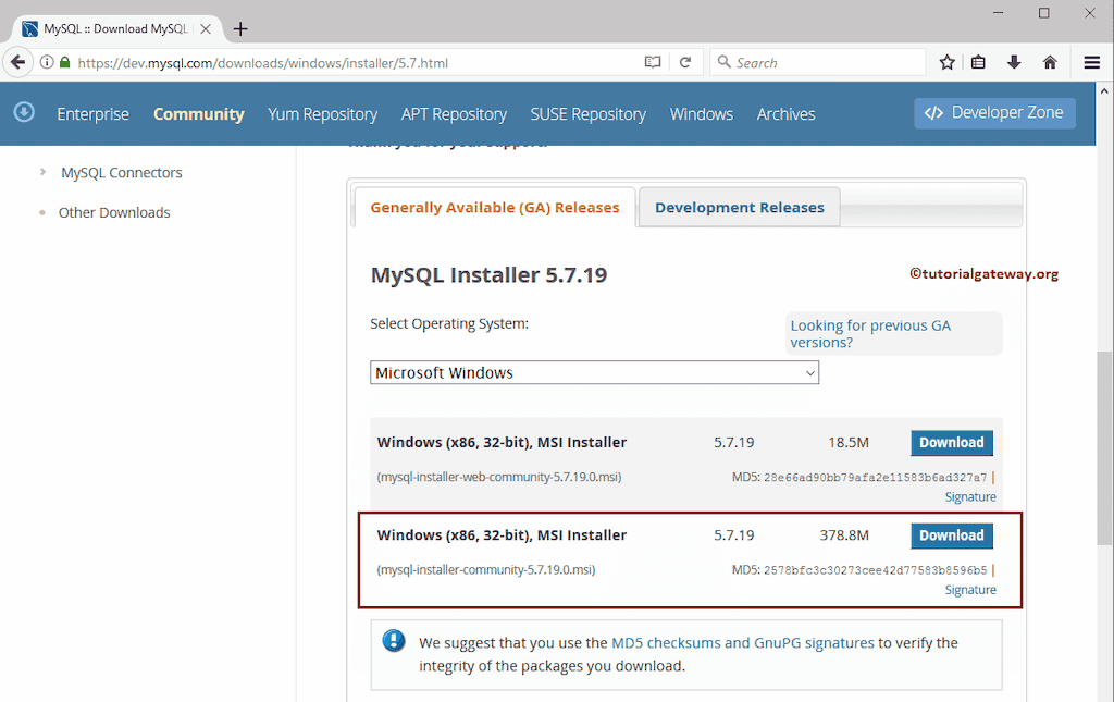 Choose the 32-bit MSI installer option to Download MySQL 9