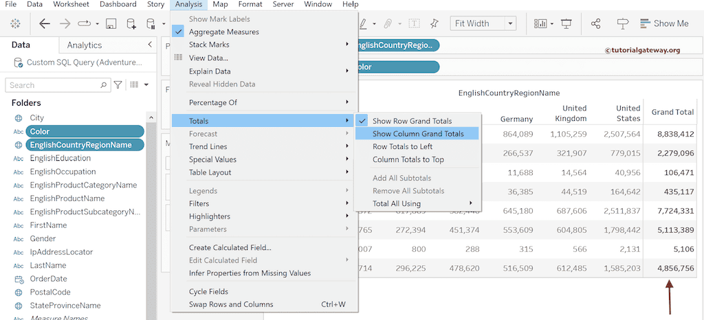 Add Row and Column Totals using Analysis Menu 2