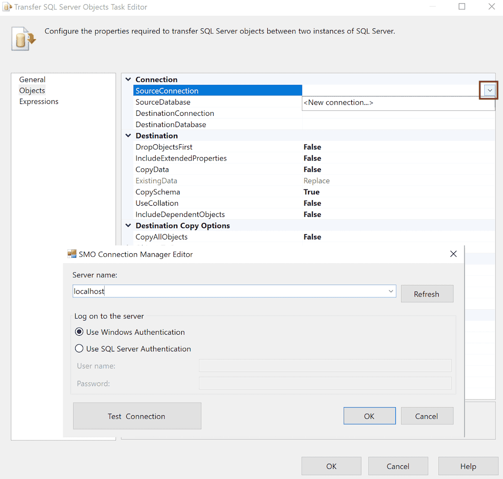 SSIS Server Name and Authentication Mode to Copy Table Data from One SQL Instance to Another 