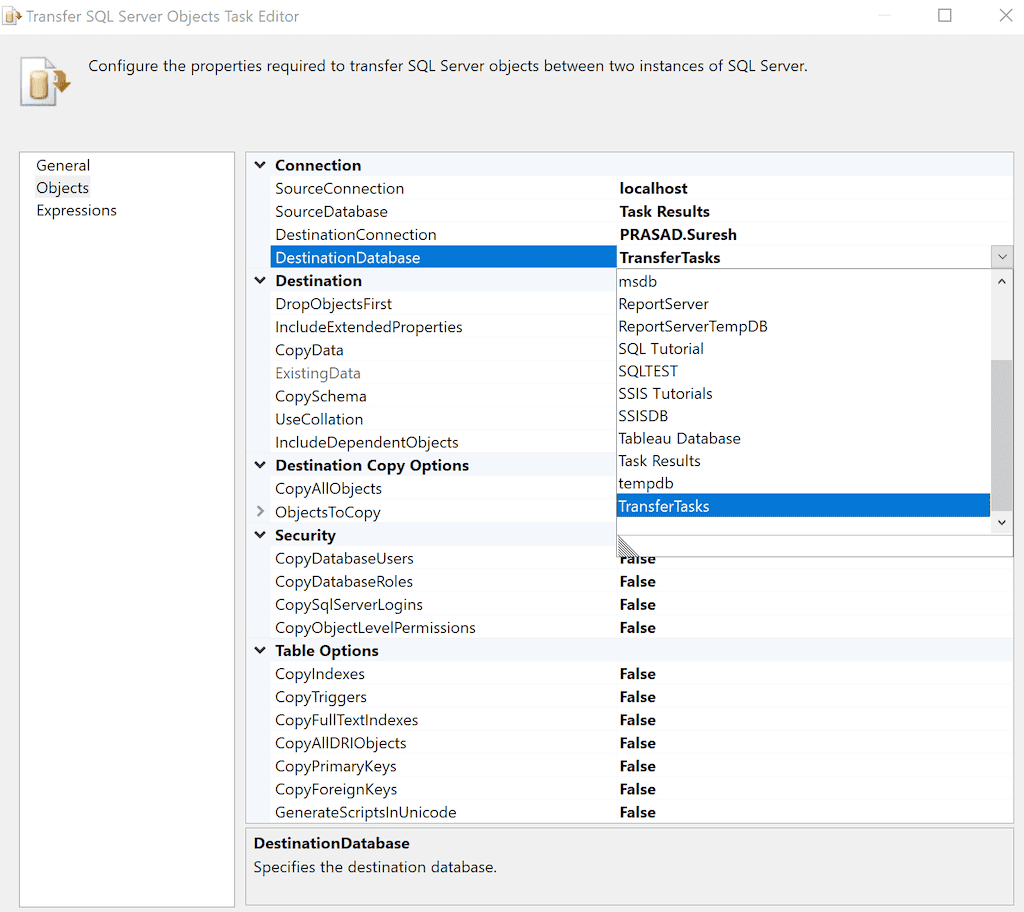 Select the Destination Database 