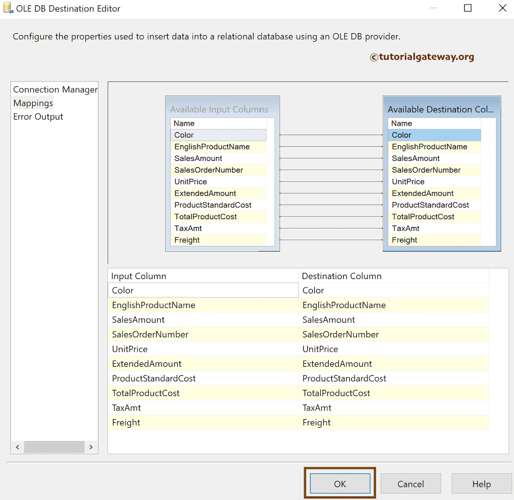 check the input and available destination column mapping