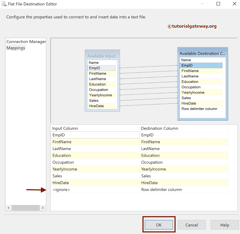 Check The Input and Destination Columns Mapping