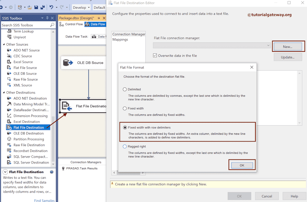 Choose Fixed Width with Row Delimiter option in SSIS to export SQL Server table data to flat file