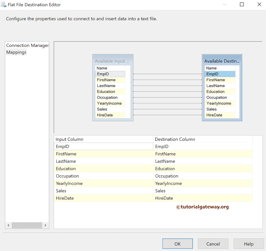 check the input and available destination column mapping