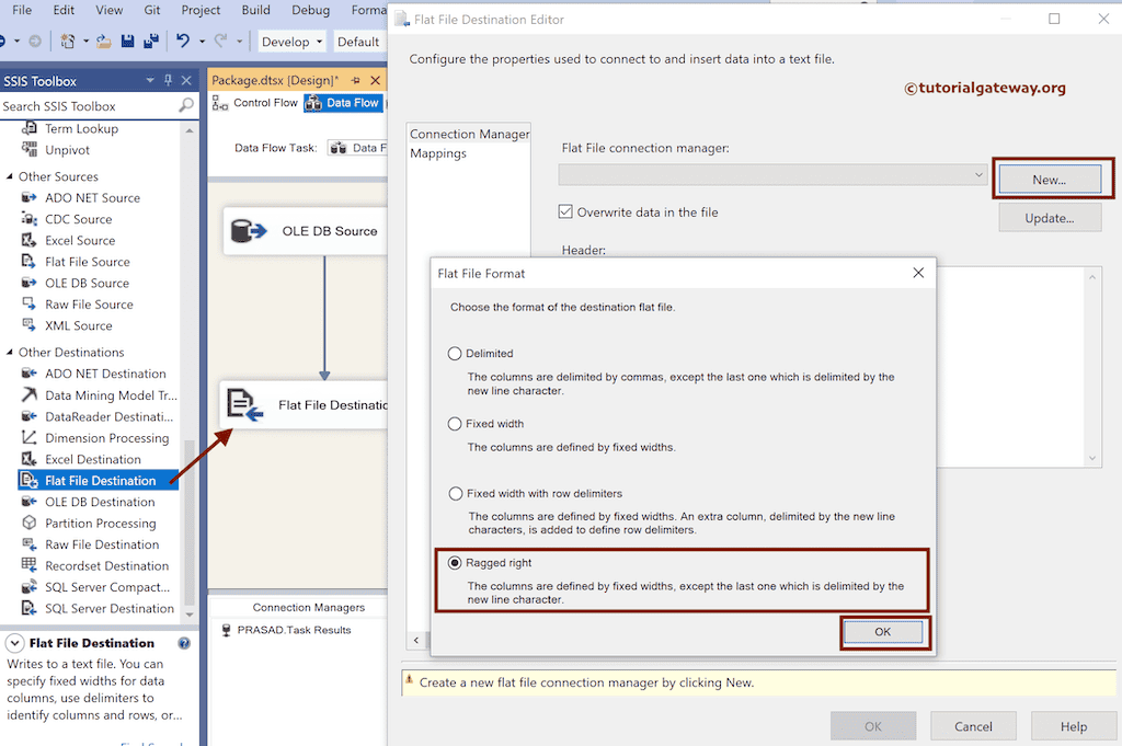 Choose Ragged Right File Format option in SSIS to export SQL Server table data to fixed width flat file