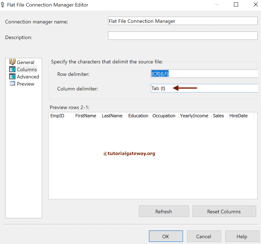 Change the Column Delimiter to Tab in SSIS to export SQL Server data to flat file