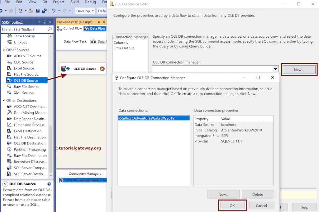 Use OLEDB Source configure the OLE DB Connection Manager