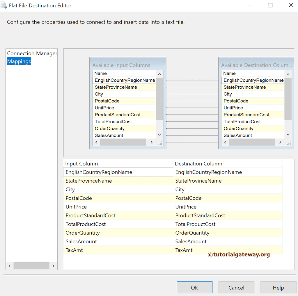 Check the input and available destination column mapping