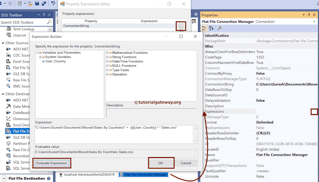 Within the Flat File Connection manager Properties - Write Expression for Flat File ConnectionString
