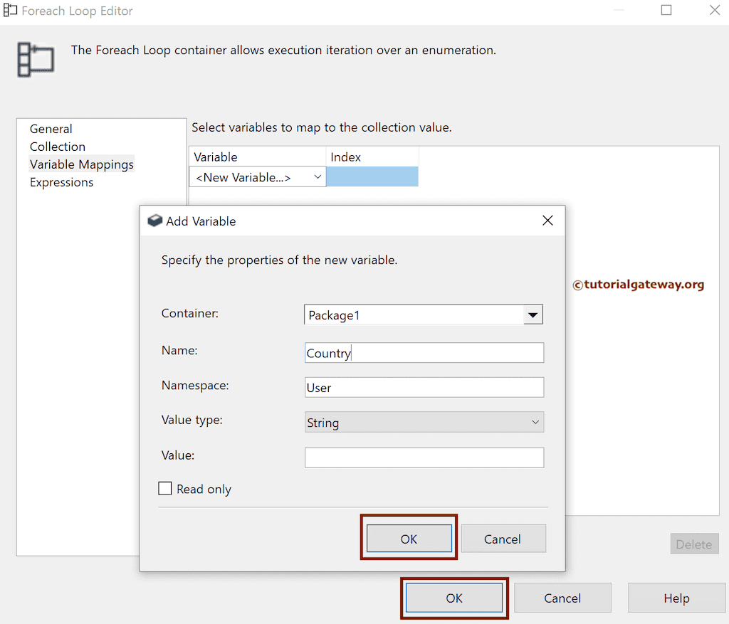 Create a new variable and SSIS ForEach Loop Item Enumerator Variable Mapping Tab