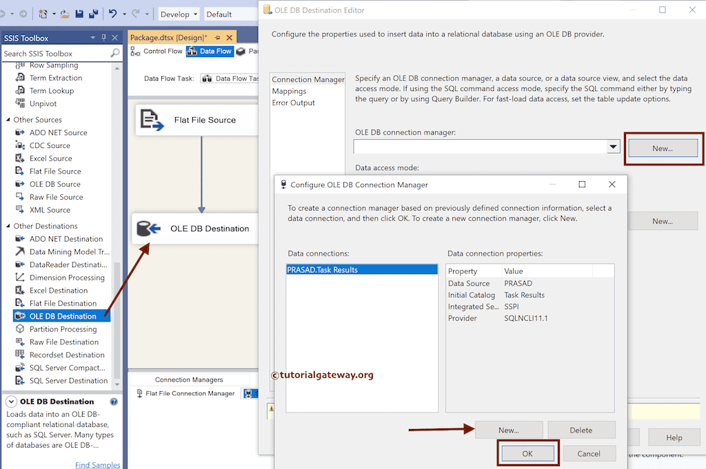 Use OLEDB Destination to configure the OLE DB Connection Manager