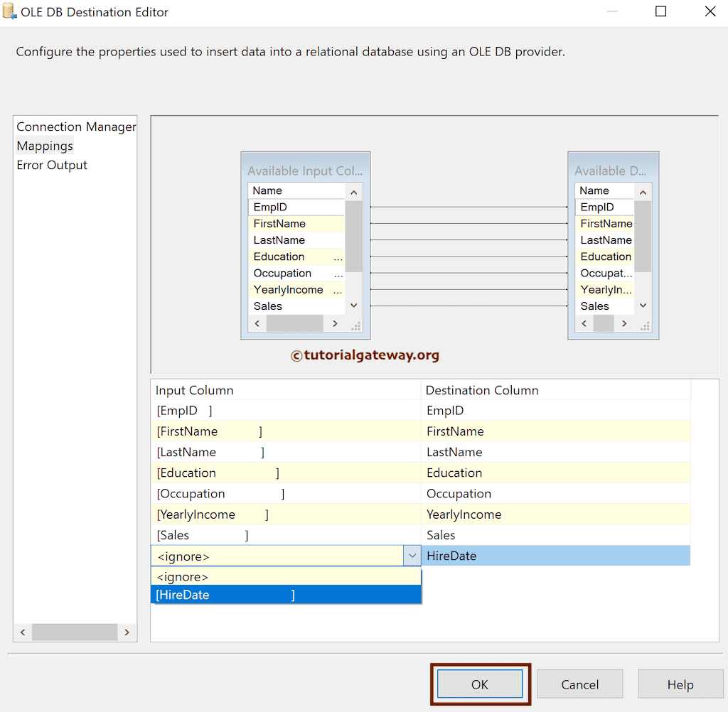 check the input and available destination column mapping