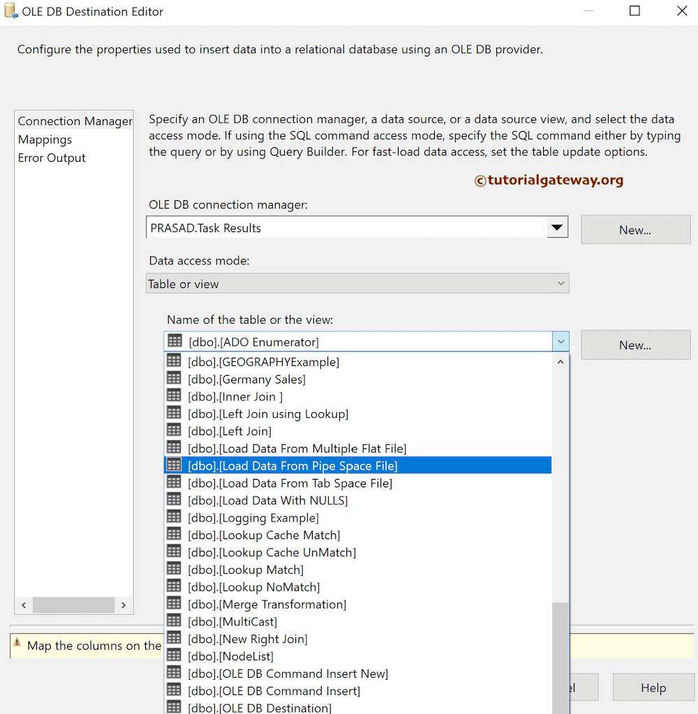 Select The Destination Table