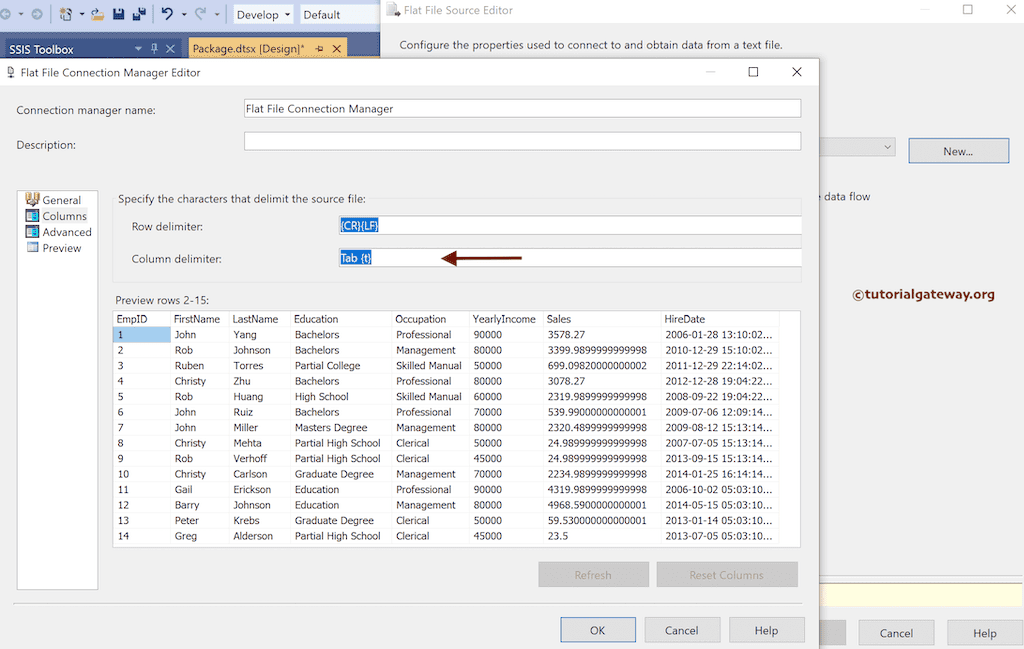 Change the Column Delimiter for SSIS Load Data From Tab Delimiter File to SQL Server