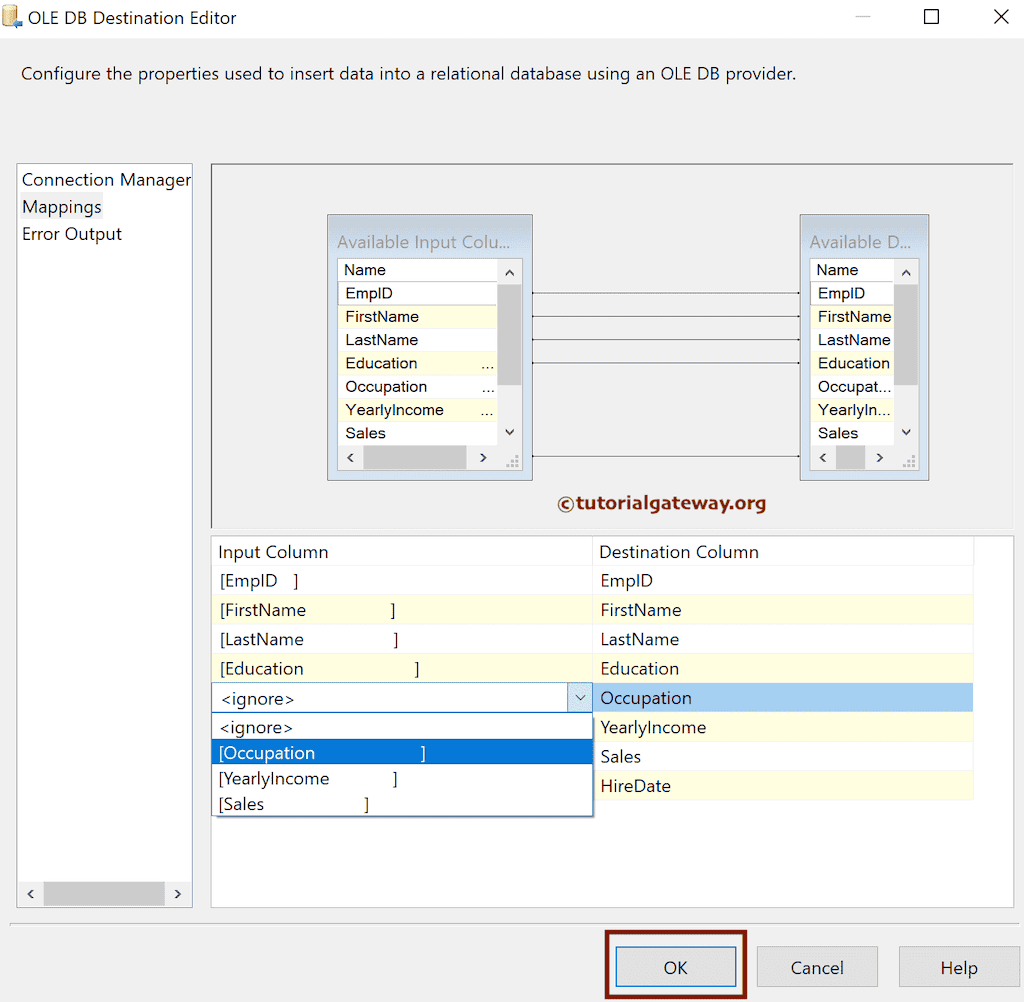Check the input and available destination column mapping