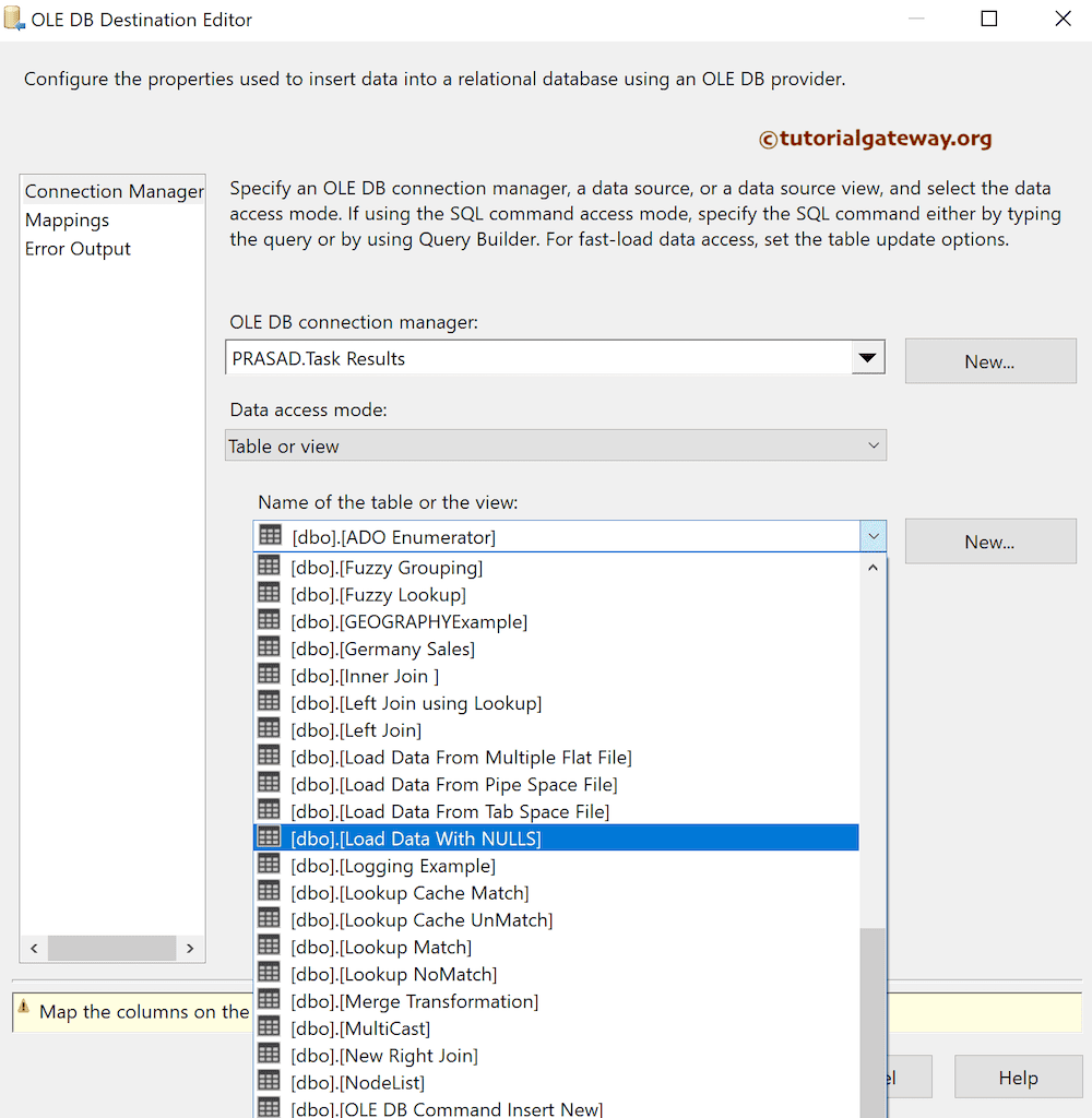 Select the Destination Table