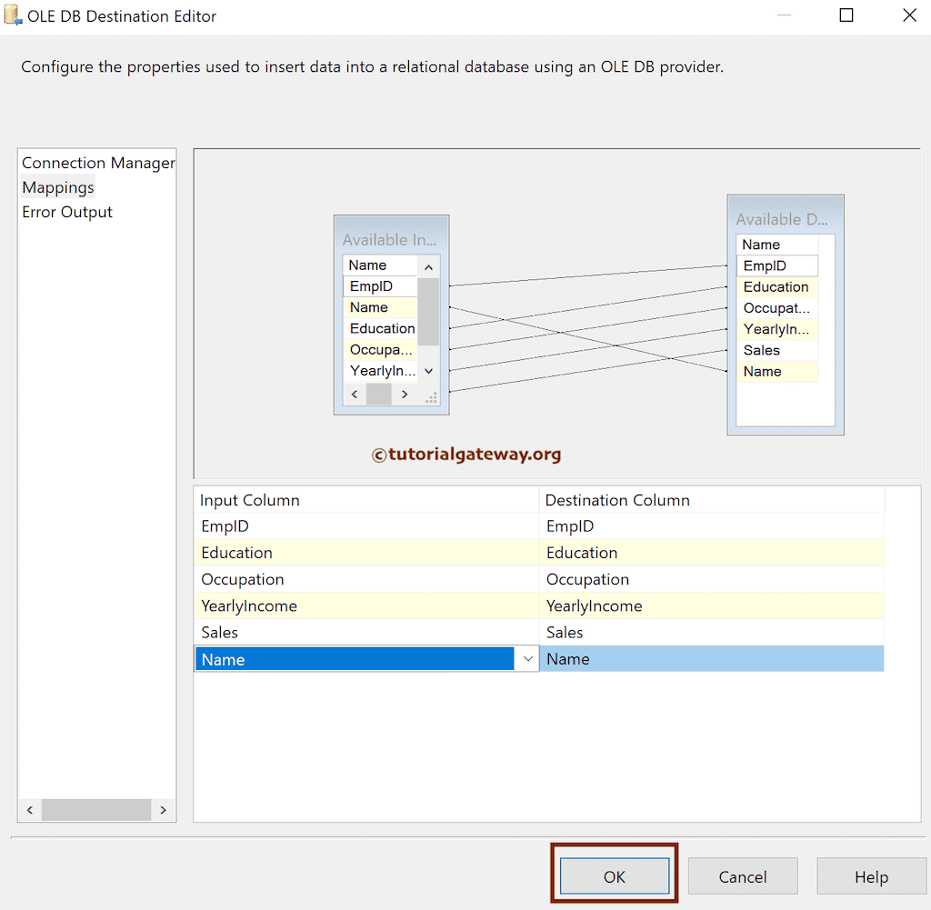 Check the input and available destination column mapping