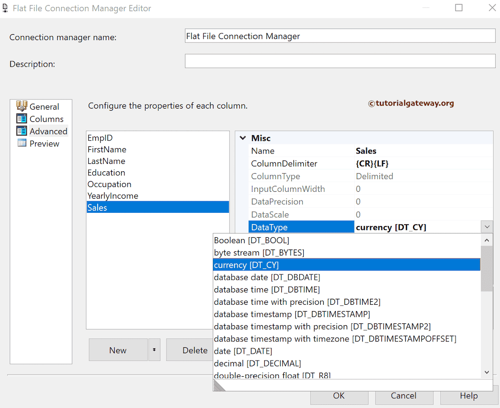 Advanced section to change the Data type