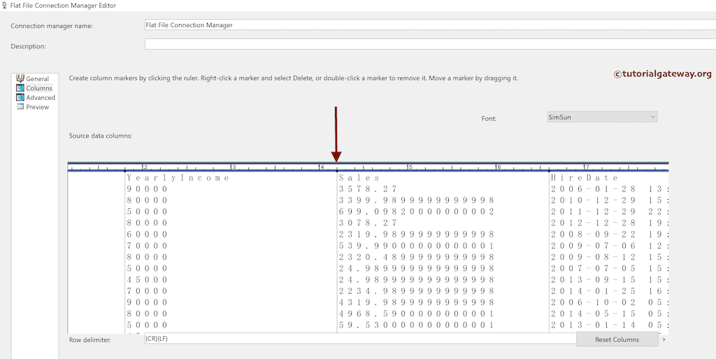 mark the starting points of each column