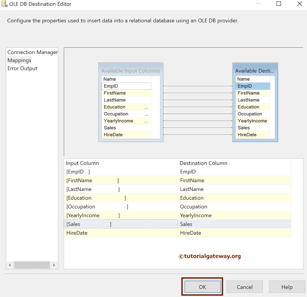 Check the input and available destination column mapping