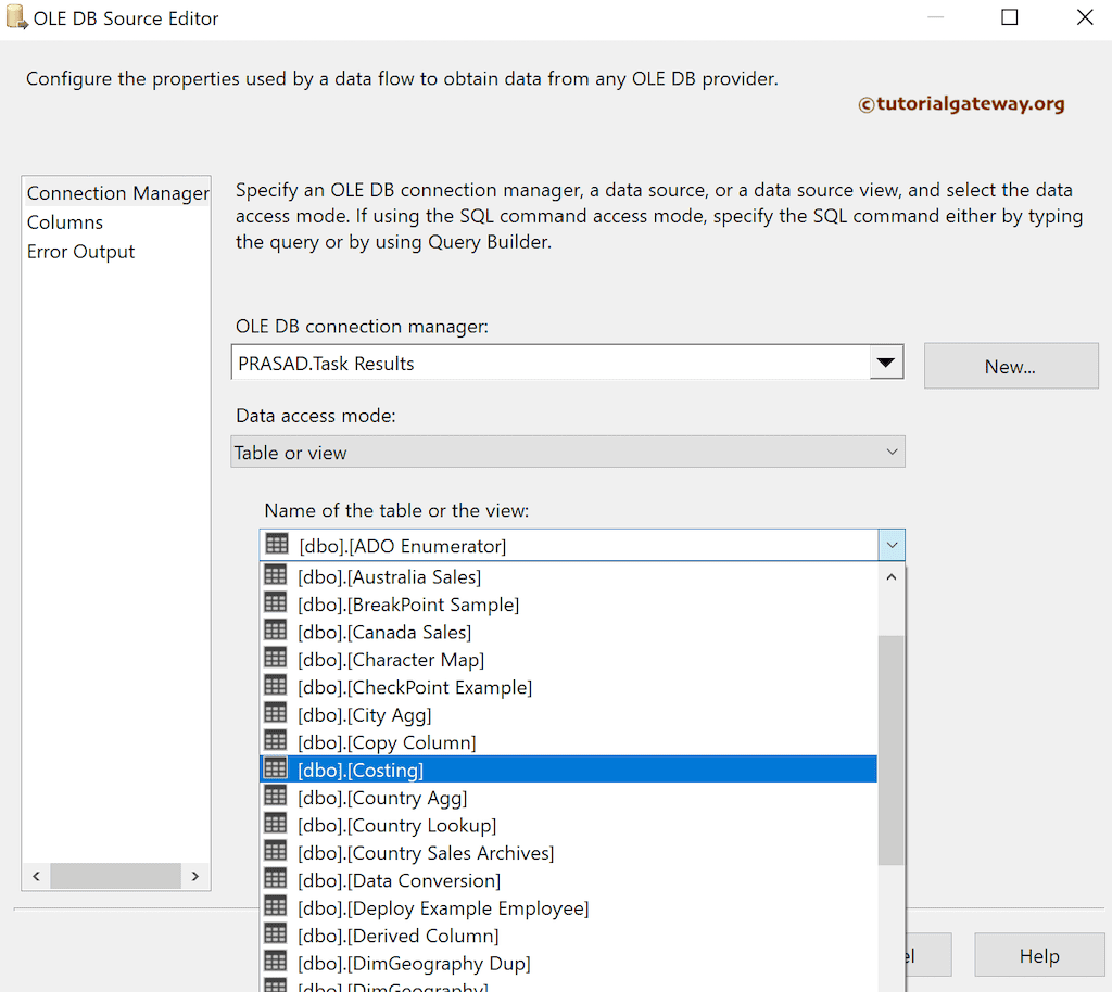 Choose Existing Database Table