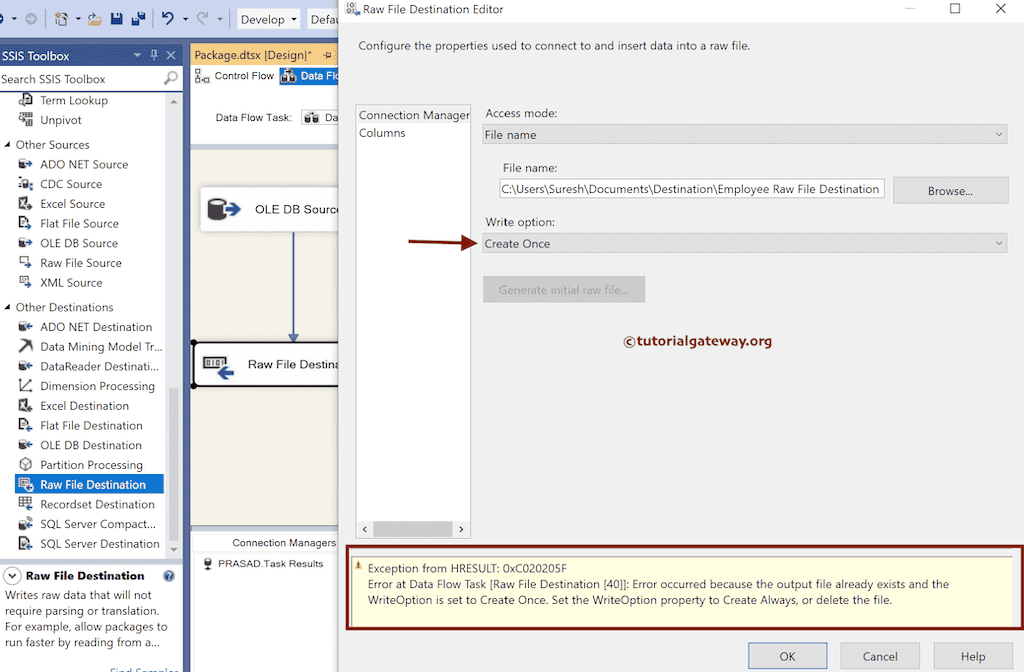 Set SSIS Raw File Destination Write Option to Create Once