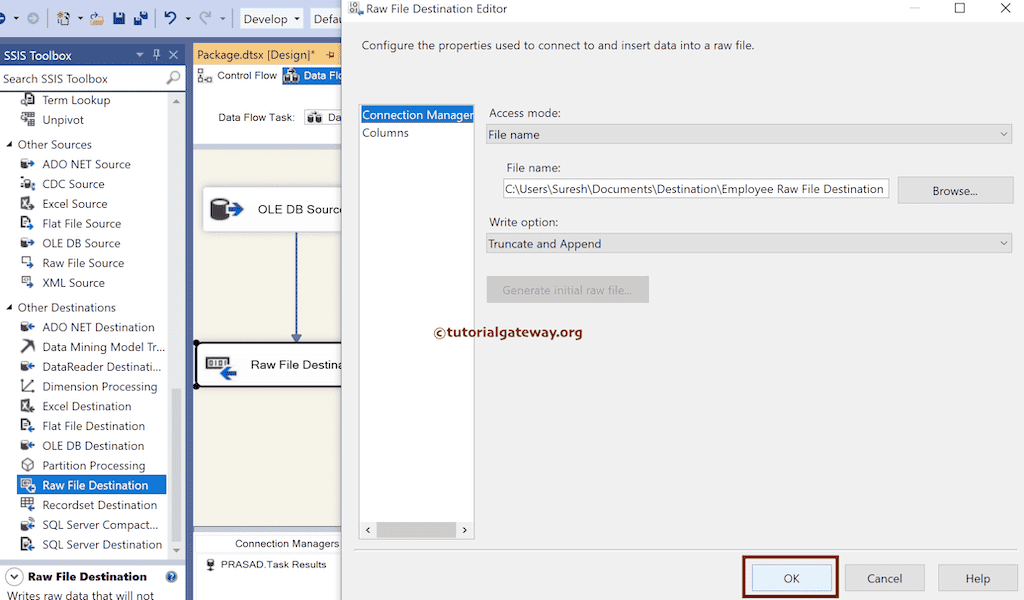 Set Raw File Destination Write Option to Truncate And Append