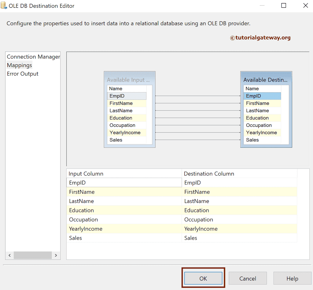 check the input and available destination column mapping