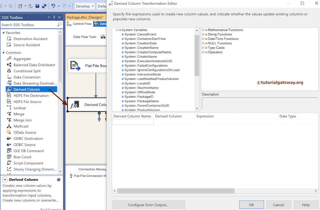 Derived Column Transformation Editor for SSIS System Variables