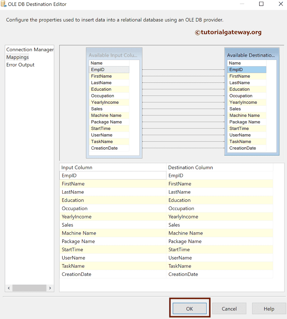 check the input and available destination column mapping