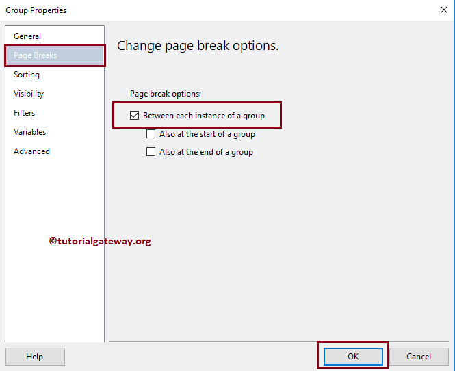Insert Page Breaks between each instance of a SSRS Report group property