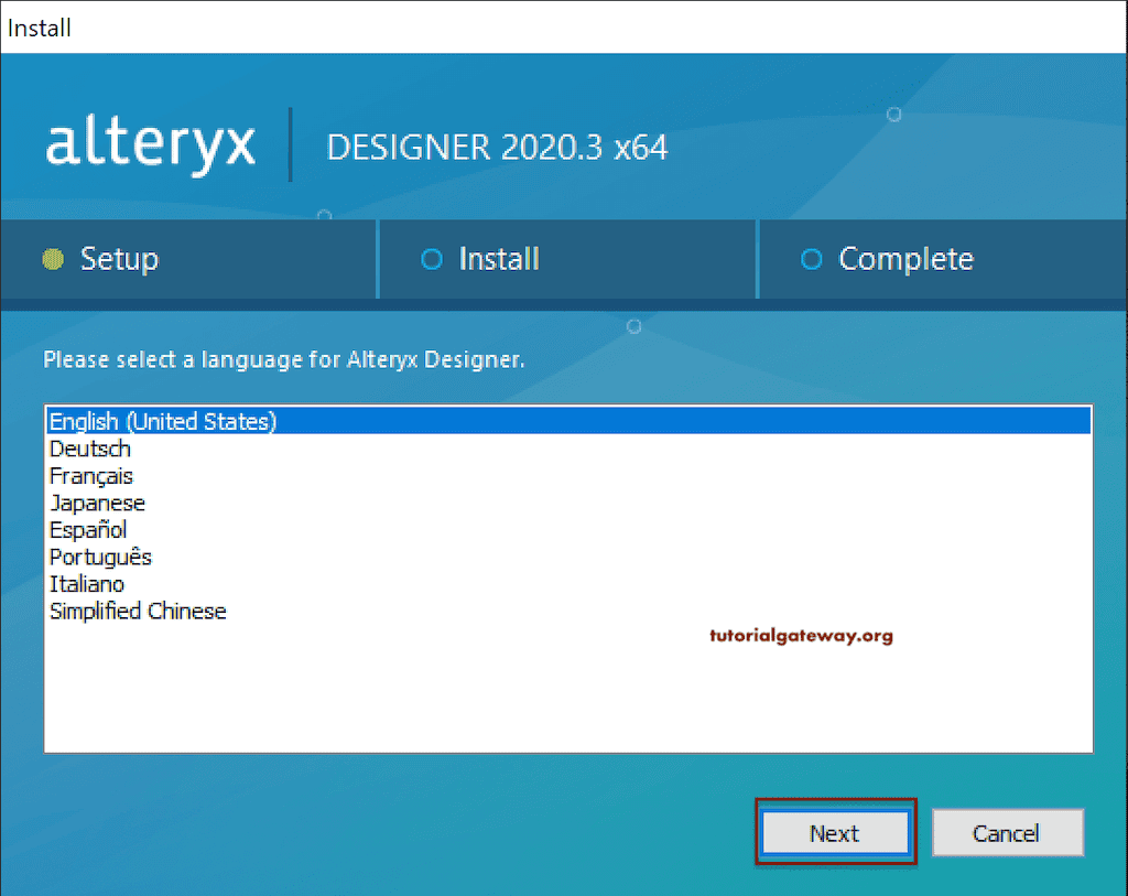 Choose Default Language to install Alteryx