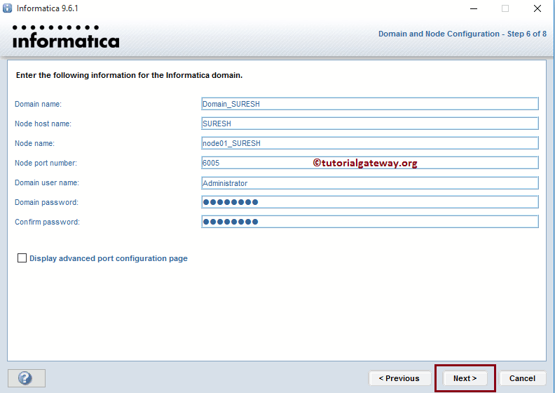 Enter Domain Name, Node Host name, Port Number 12
