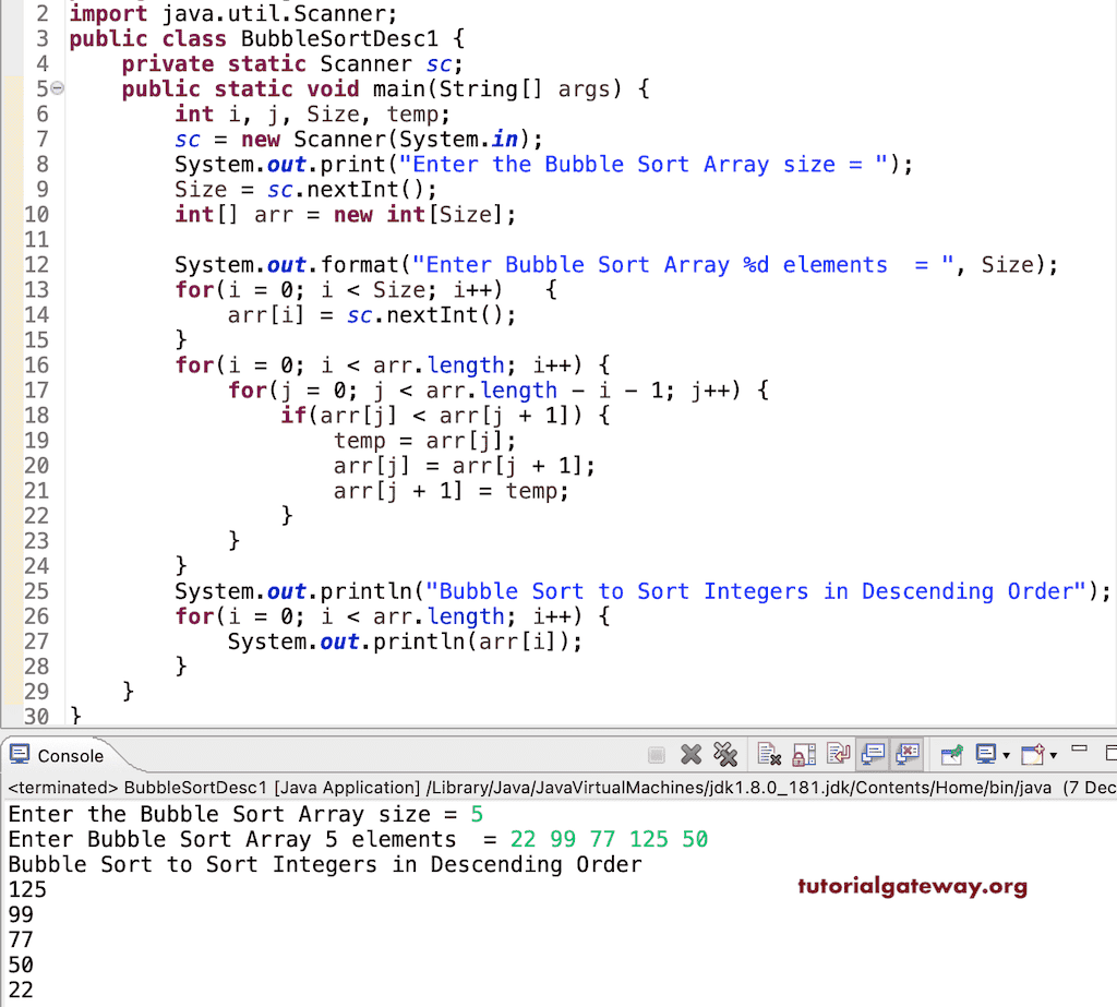 Java Program for Bubble Sort in Descending Order