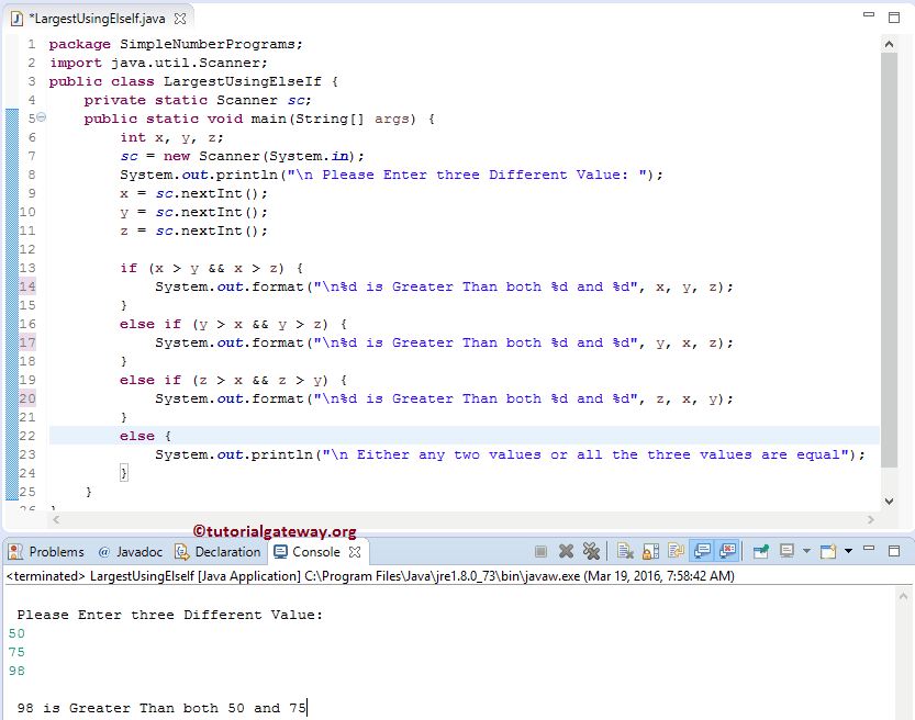 Java Program for Largest of Three Numbers using Else If 1
