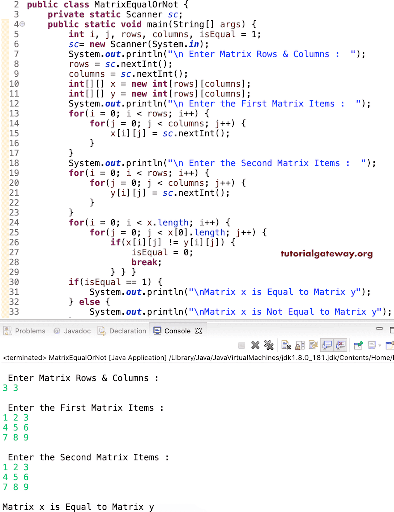 Java Program to Check Matrices are Equal Example
