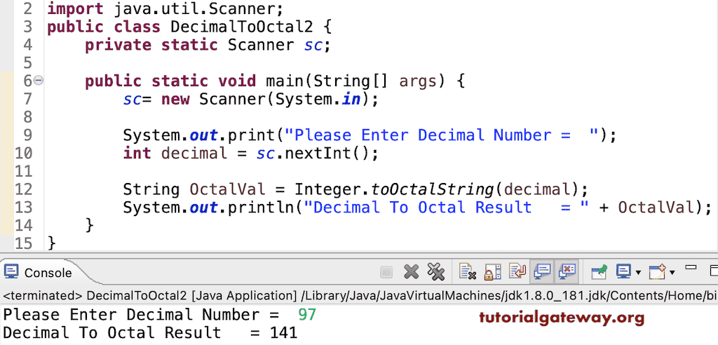 Program to Convert Decimal To Octal using toOctalString