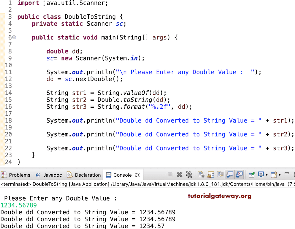 Program to Convert Double to String using values and toString