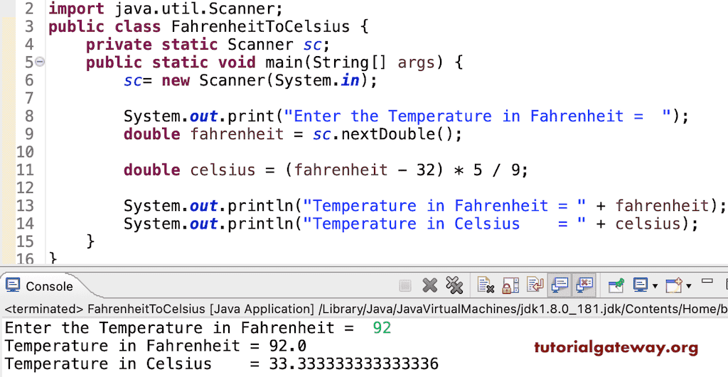 Java Program to Convert Fahrenheit To Celsius