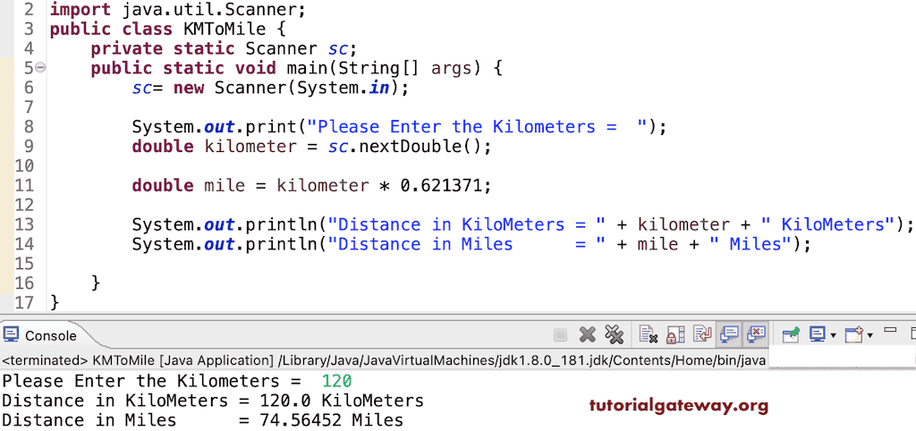 Java Program to Convert Kilometers To Miles
