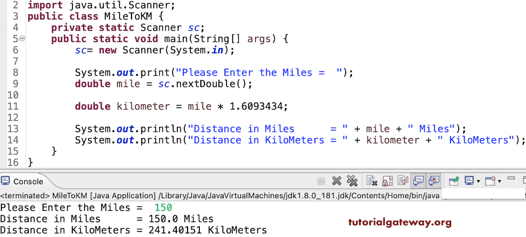 Java Program to Convert Miles To Kilometers