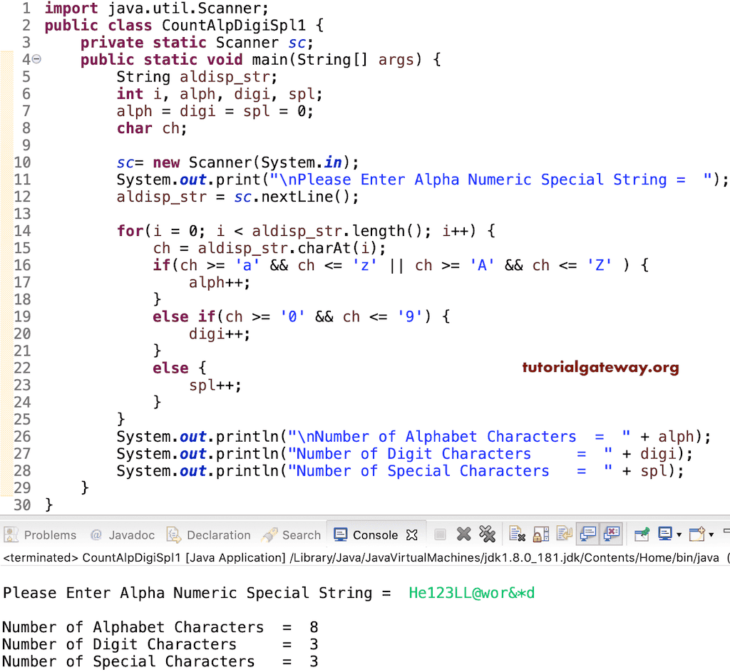 Java Program to Count Alphabets Digits and Special Characters in a String Example