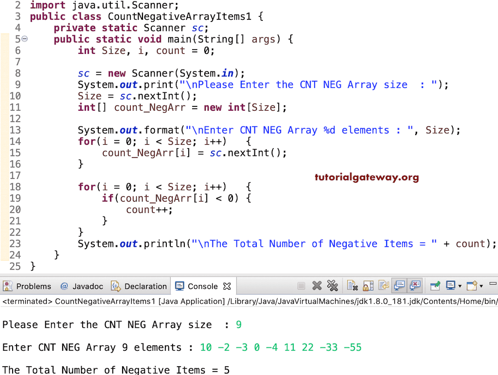 Java Program to Count Negative Array Numbers using for loop