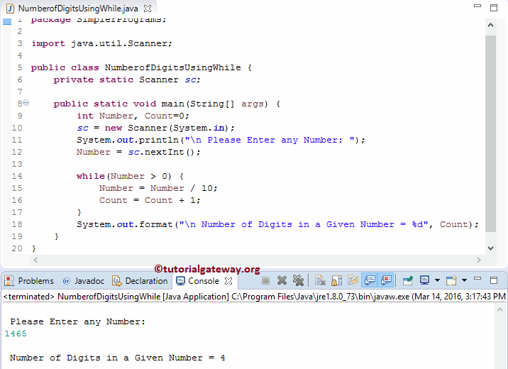 Java Program to Count Number of Digits in a Number using While Loop