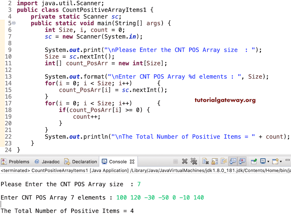 Java Program to Count Positive Array Numbers using for loop
